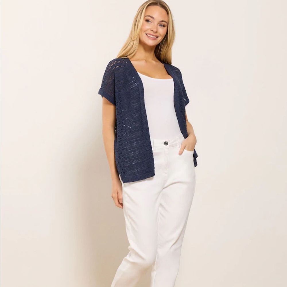 Jones New York XL Petite Navy Open Front Knit Short Sleeve Cotton Cardigan